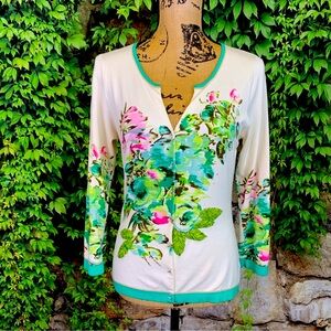Floral Print Women's Sweater - White and Green